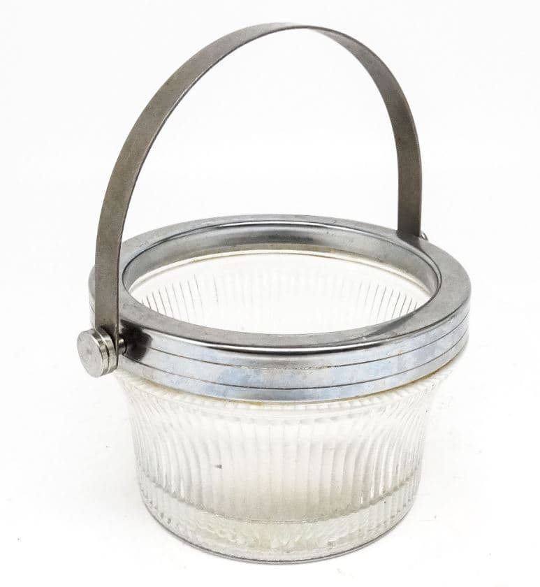 Cukiernica Art Deco, mosiądz srebrzony, szkło prasowane, Polska, lata 50. - 187532