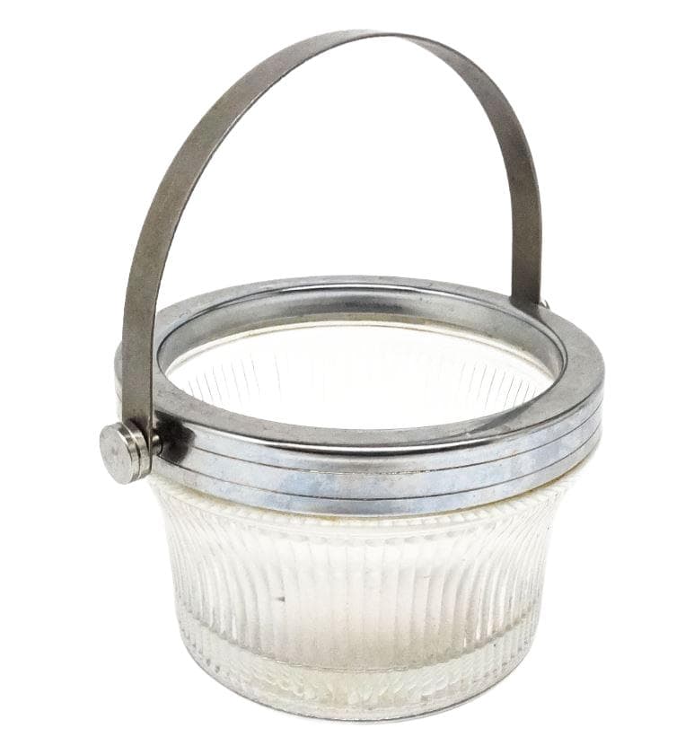 Cukiernica Art Deco, mosiądz srebrzony, szkło prasowane, Polska, lata 50.