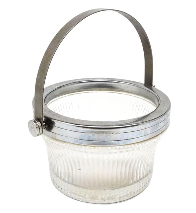 Cukiernica Art Deco, mosiądz srebrzony, szkło prasowane, Polska, lata 50. - WYMIARY