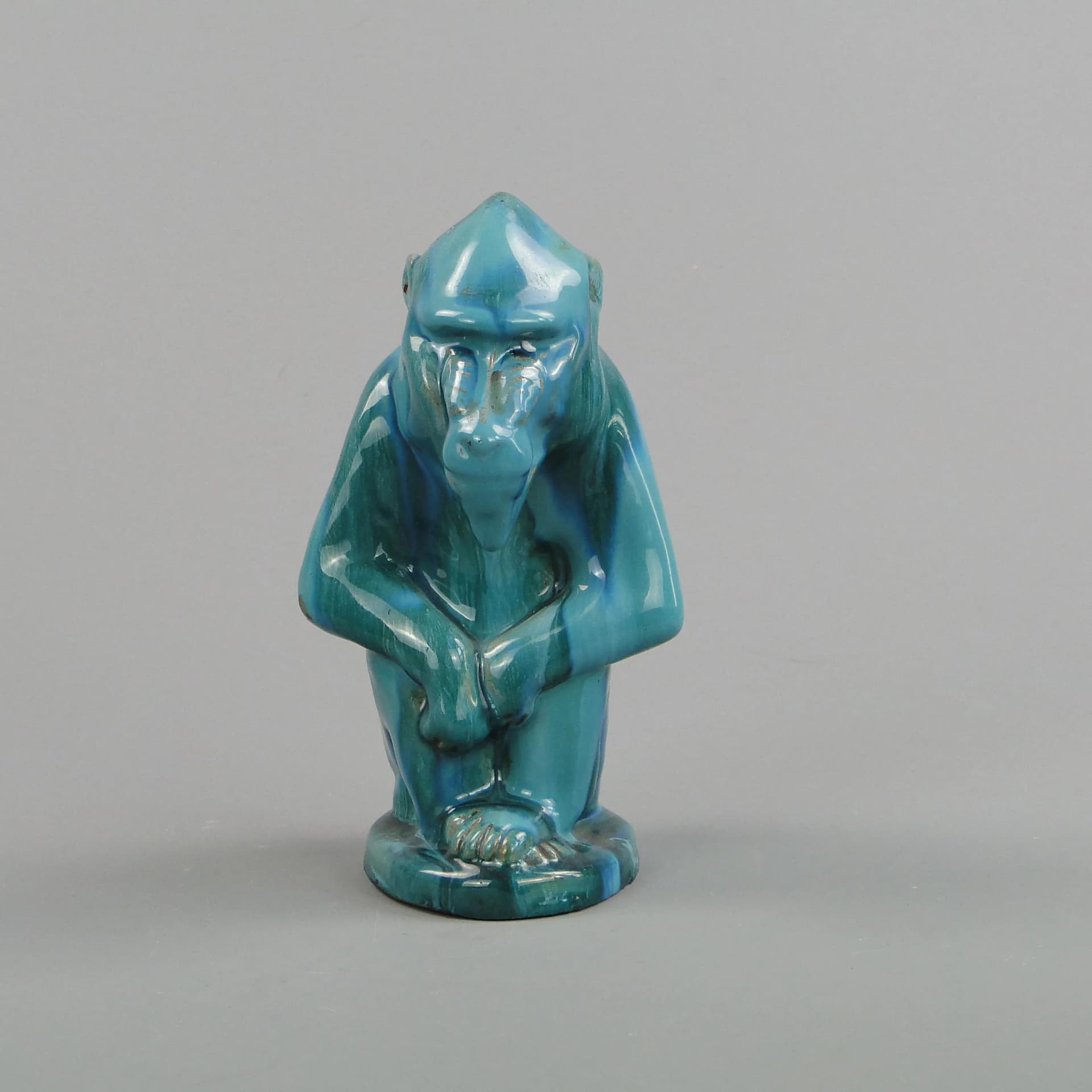 Baboon figurine Art Deco, turquoise, ceramics, by D. Urbach, Czech Republic, 1930s. - 12946