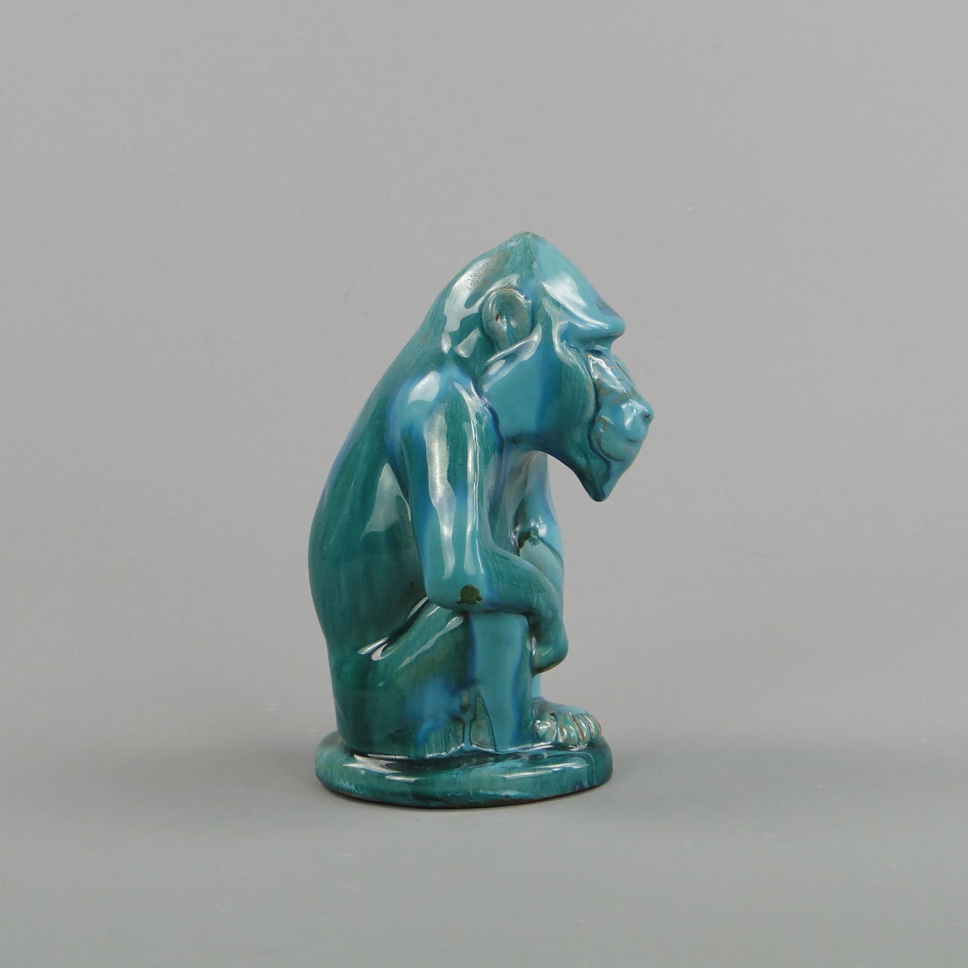 Baboon figurine Art Deco, turquoise, ceramics, by D. Urbach, Czech Republic, 1930s. - 12945
