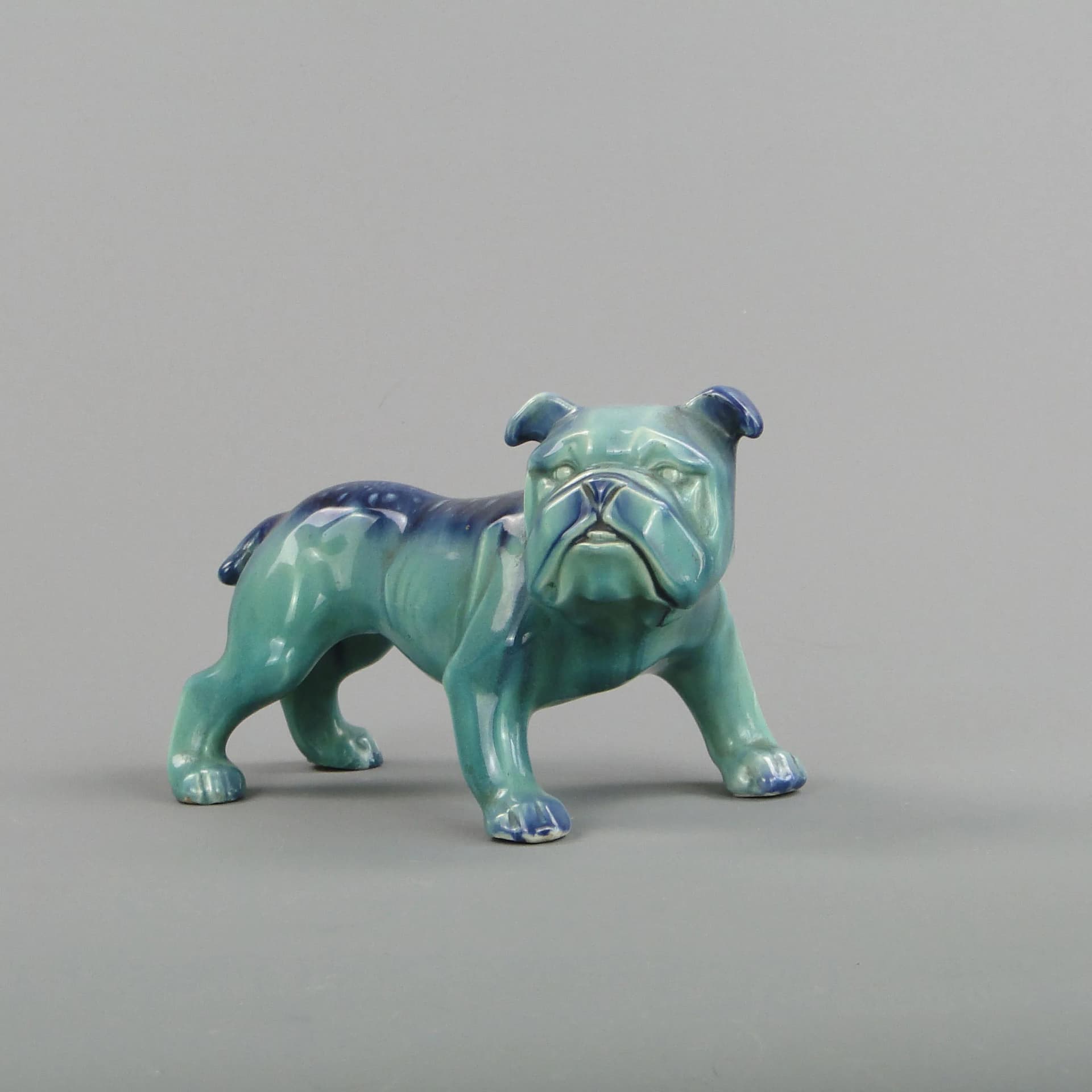 Bulldog figurine, turquoise, ceramics, by D. Urbach, Czech Republic, 1930s. - 12940