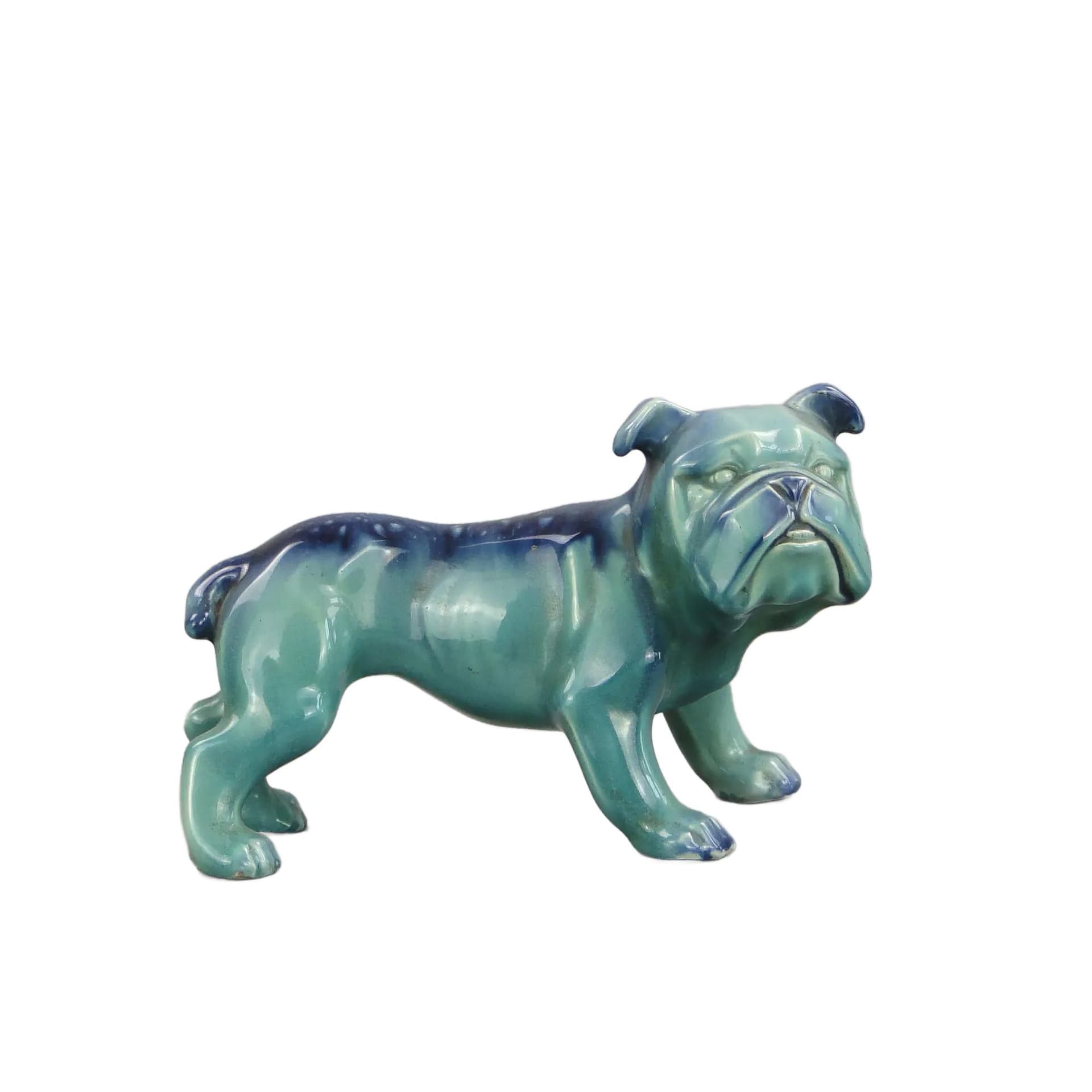 Bulldog figurine, turquoise, ceramics, by D. Urbach, Czech Republic, 1930s.
