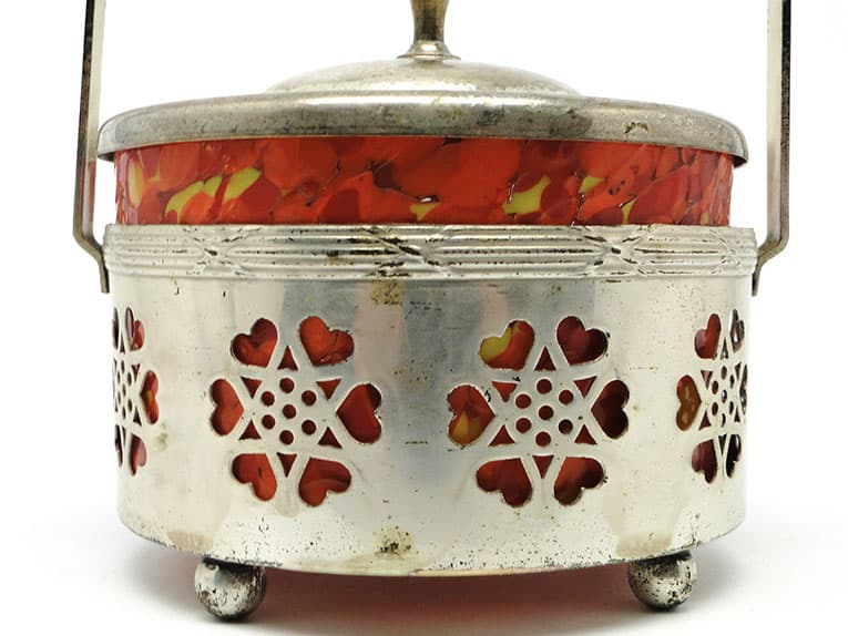 Art Nouveau sugar bowl, silver-plated brass, orange glass, Germany, early 20th c. - 188057