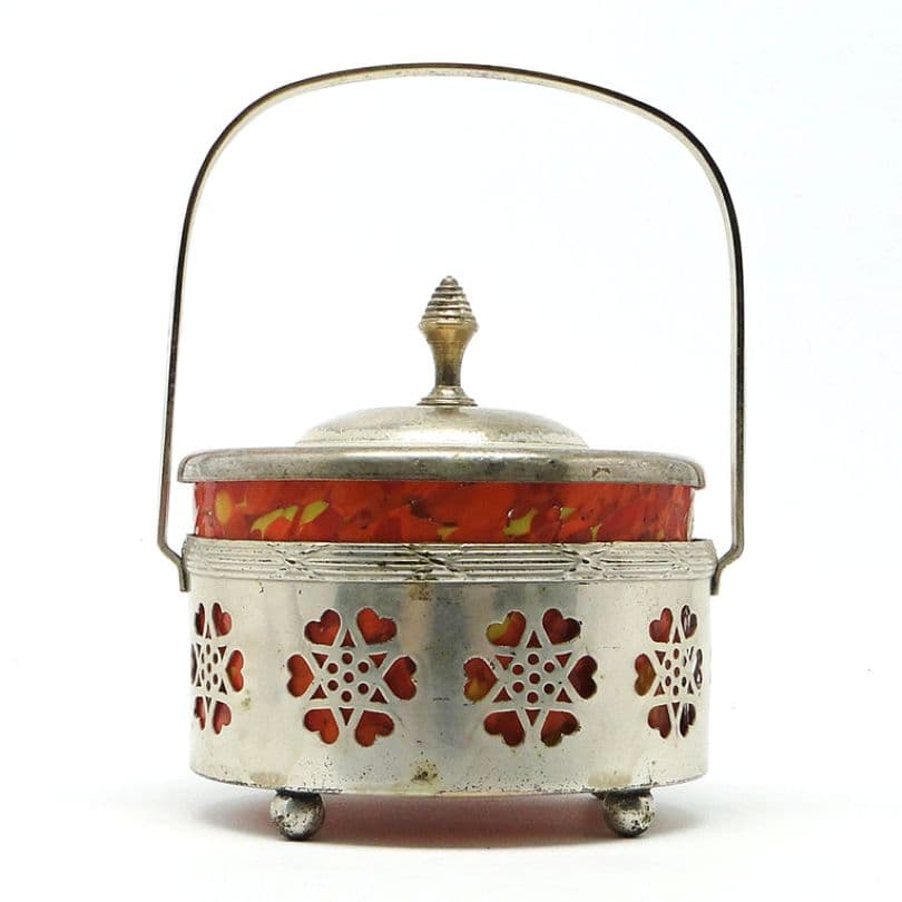 Art Nouveau sugar bowl, silver-plated brass, orange glass, Germany, early 20th c. - 188082