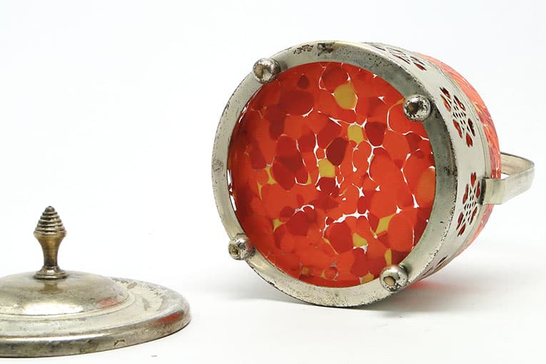 Art Nouveau sugar bowl, silver-plated brass, orange glass, Germany, early 20th c. - 188060
