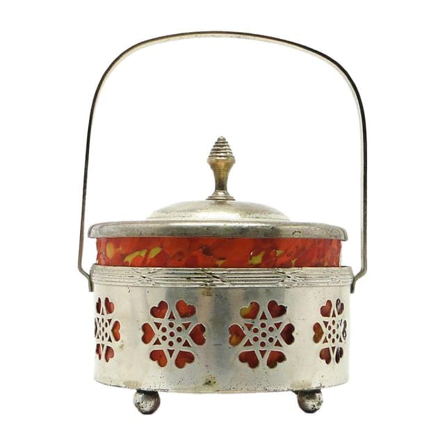Art Nouveau sugar bowl, silver-plated brass, orange glass, Germany, early 20th c. - DIMENSION