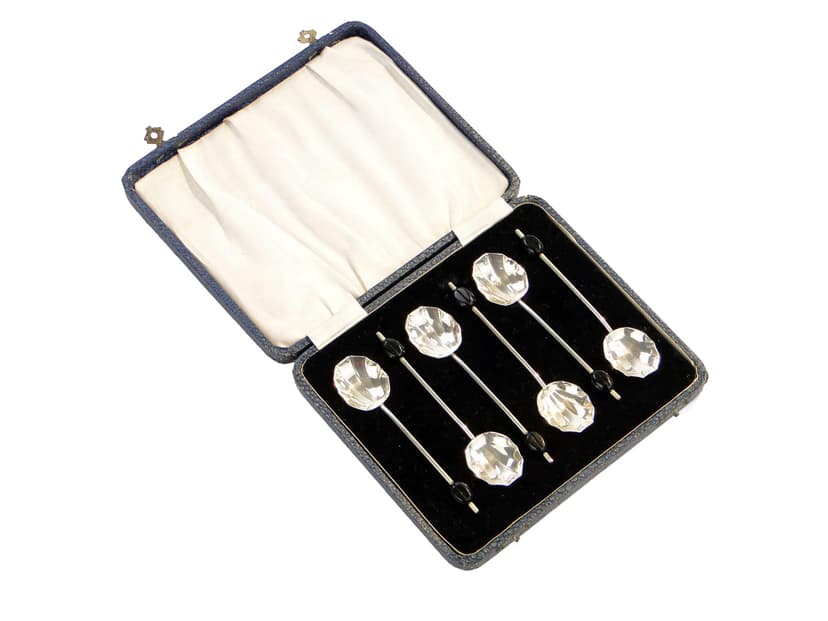 Komplet łyżeczek do kawy Art déco, srebro, bakelit czarny, Wielka Brytania, lata 30.