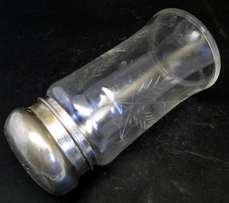 Cukiernica do cukru pudru, Art Nouveau, szkło prasowane, mosiądz srebrzony, Szwecja, lata 20. - 188212