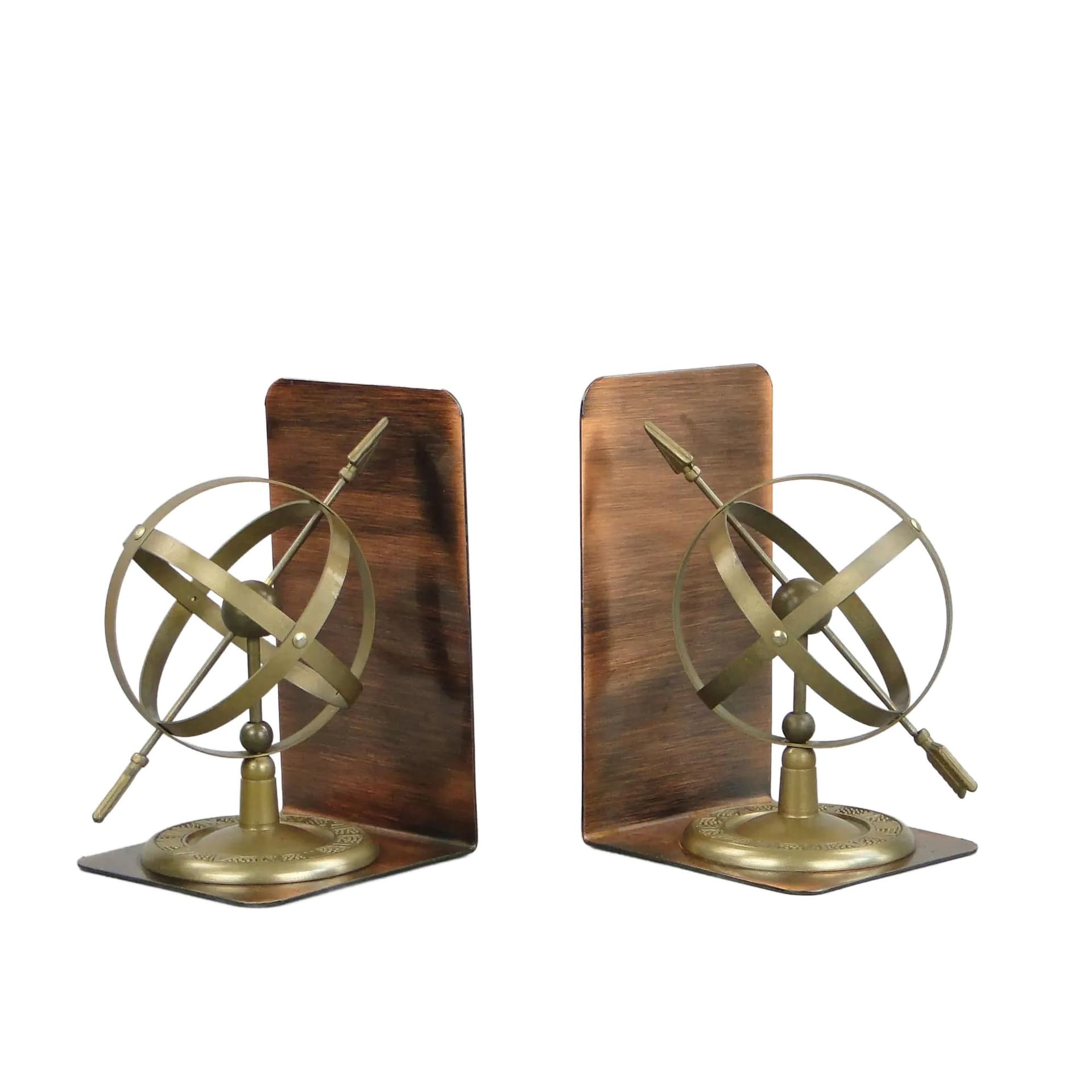 Podpórki do książek, motyw sfera armilarna, mosiądz złoty, Belgia, lata 70.