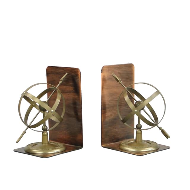 Podpórki do książek, motyw sfera armilarna, mosiądz złoty, Belgia, lata 70. - WYMIARY