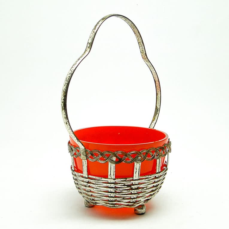 Cukiernica koszyczkowa, Art Nouveau, szkło pomarańczowe, mosiądz srebrzony, Niemcy, początek XX w. - 188661