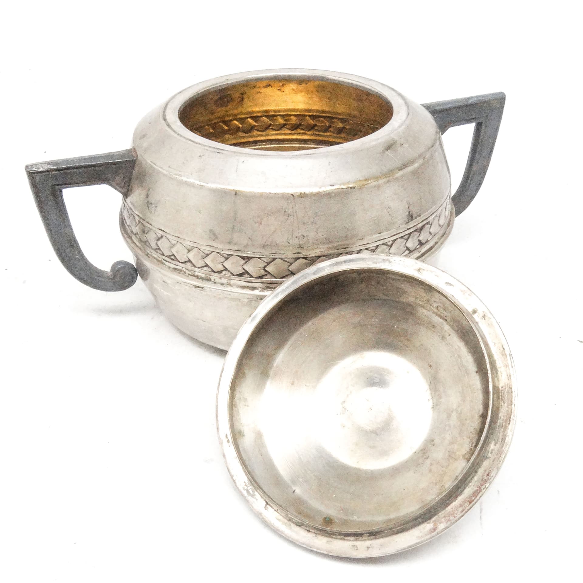 Art Deco sugar bowl, silver-plated brass, pewter, Belgium, 1920s. - 188864