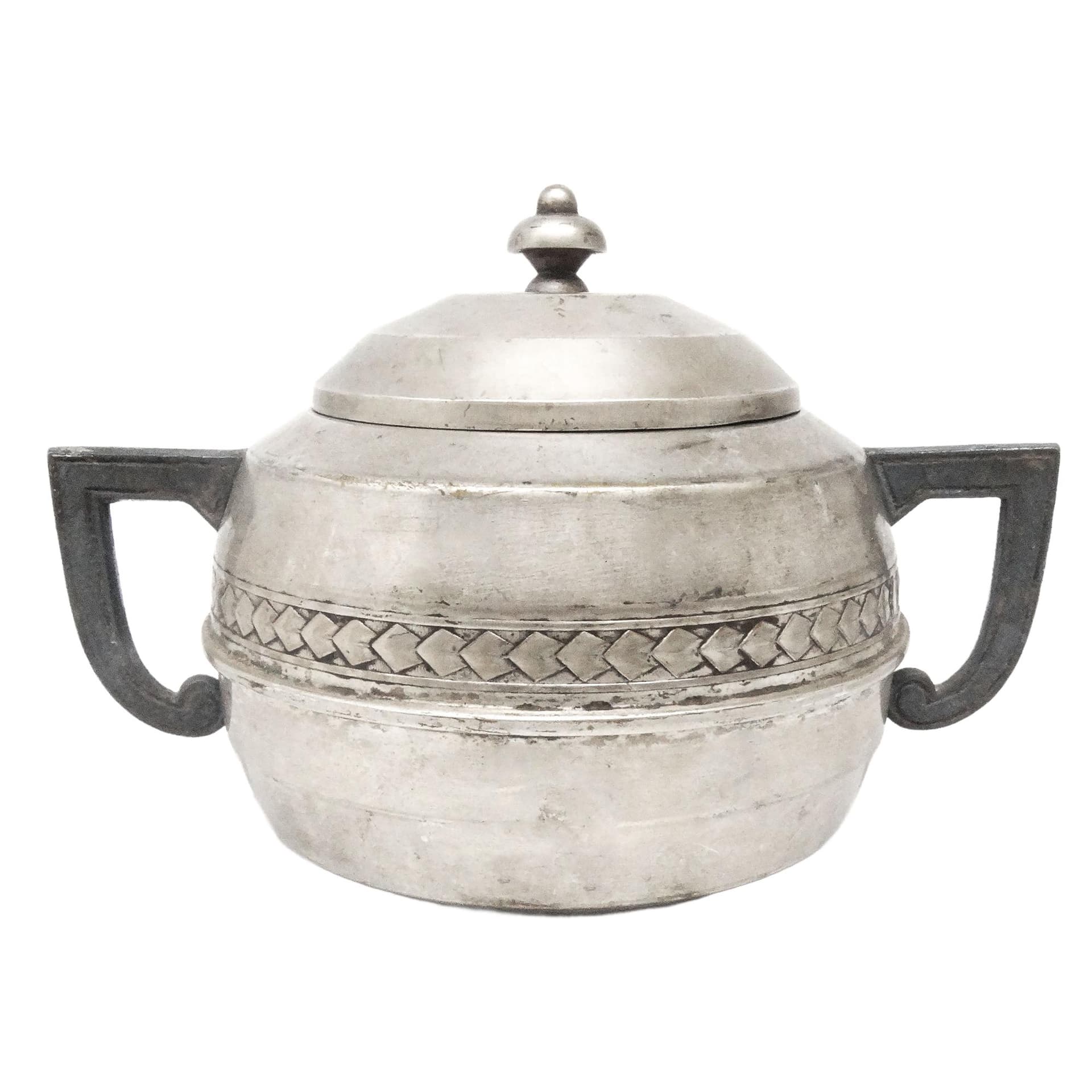 Art Deco sugar bowl, silver-plated brass, pewter, Belgium, 1920s.