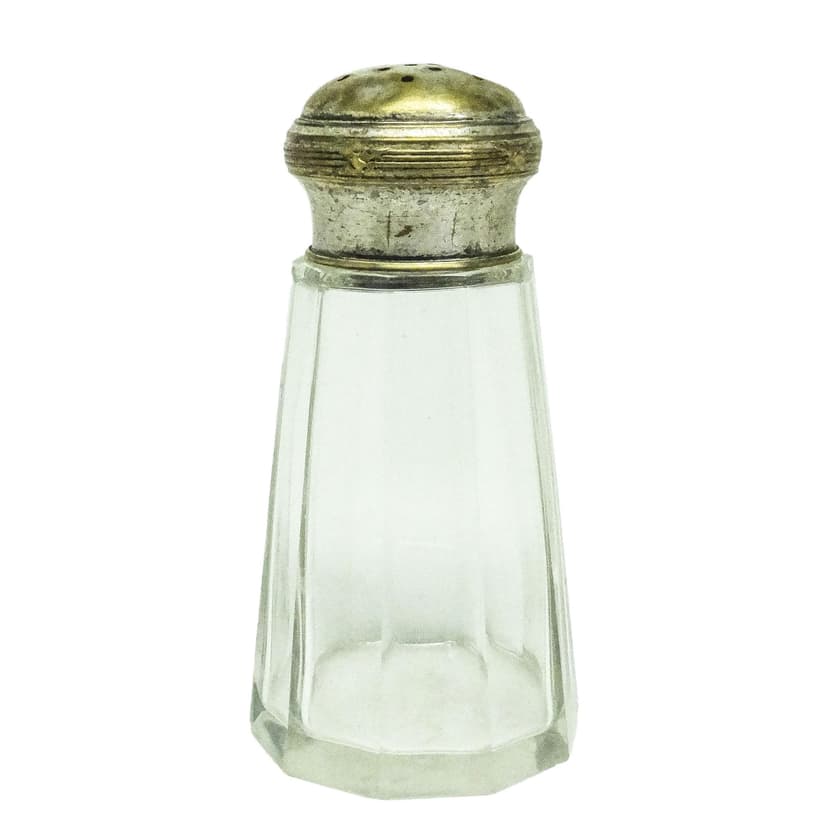 Cukiernica do cukru pudru Art Deco, szkło transparent, mosiądz srebrzony, Belgia, lata 30.