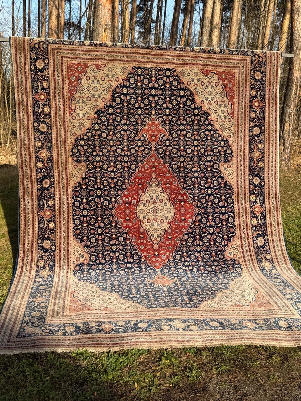 Dywan perski Isfahan 360x260 cm, wełna jedwab, granatowy, Iran - 190449