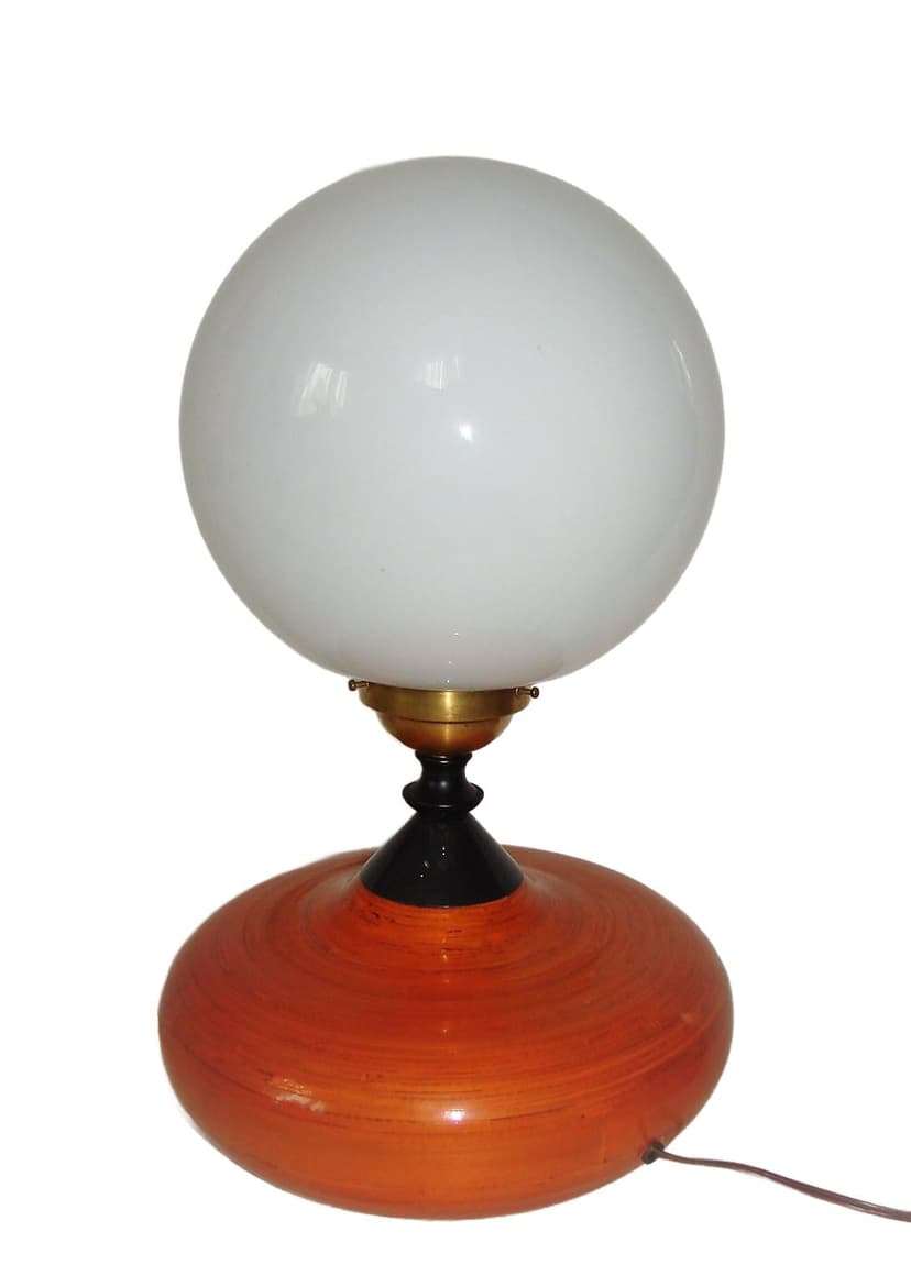 Lampa stołowa Space Age, pomarańczowy, szkło, metal, mosiądz, drewno, lata 70.