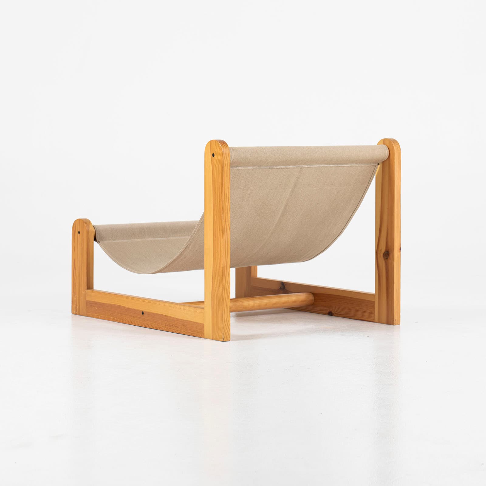 Fotel sling, sosna naturalna, płótno naturalne, skóra owcza ivory white, Dania, lata 70. - 190700