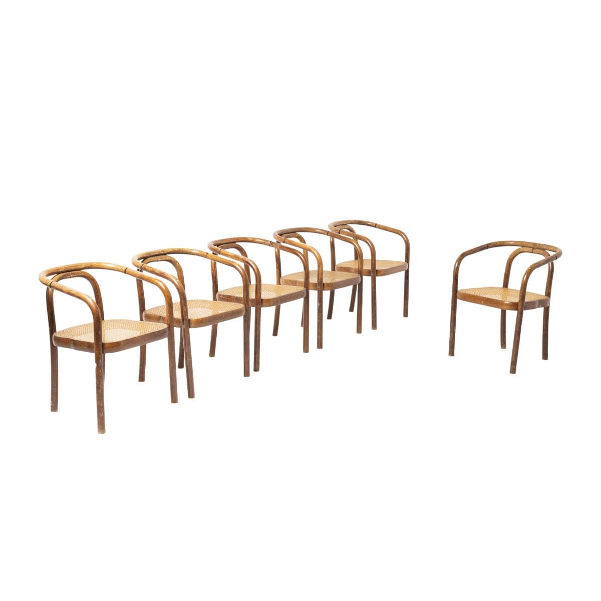 Komplet sześciu krzeseł do jadalni, buk brązowy, rattan beżowy, proj. A. Suman, TON, Czechosłowacja, lata 60.