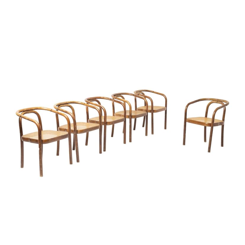 Komplet sześciu krzeseł do jadalni, buk brązowy, rattan beżowy, proj. A. Suman, TON, Czechosłowacja, lata 60.