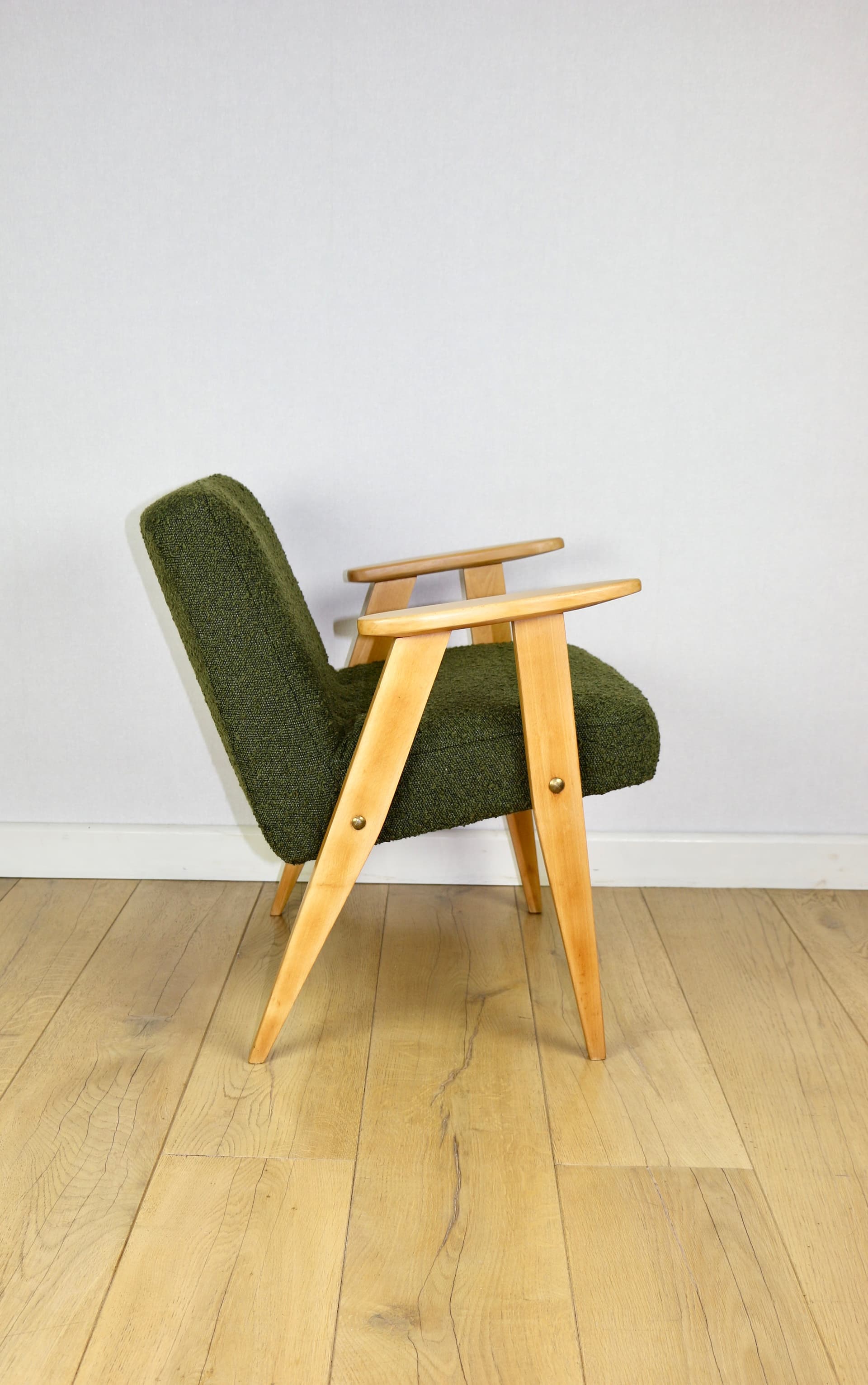 Armchair 366, green bouclé, light beech, by J. Chierowski, Poland, 1970s. - 190814