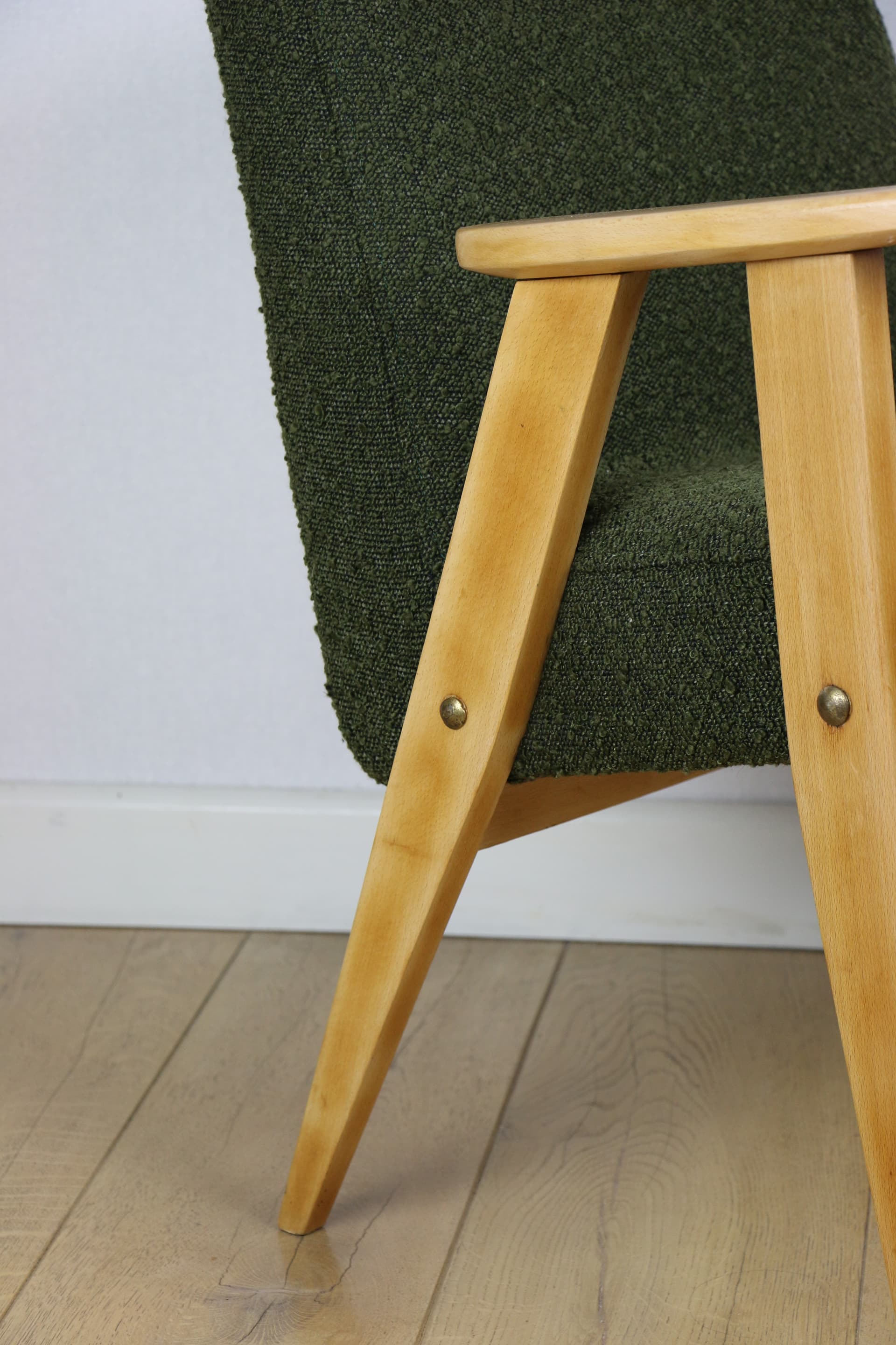 Armchair 366, green bouclé, light beech, by J. Chierowski, Poland, 1970s. - 190817