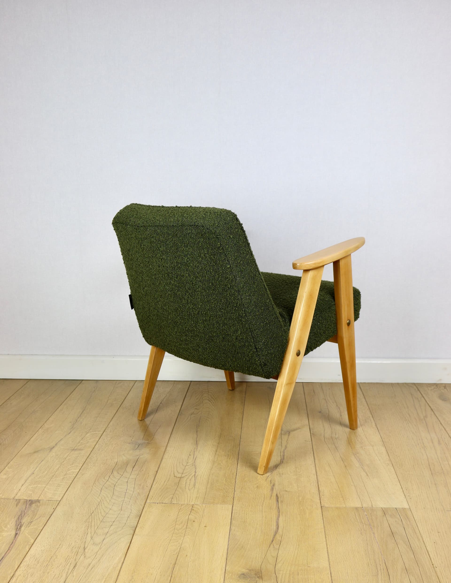 Armchair 366, green bouclé, light beech, by J. Chierowski, Poland, 1970s. - 190813