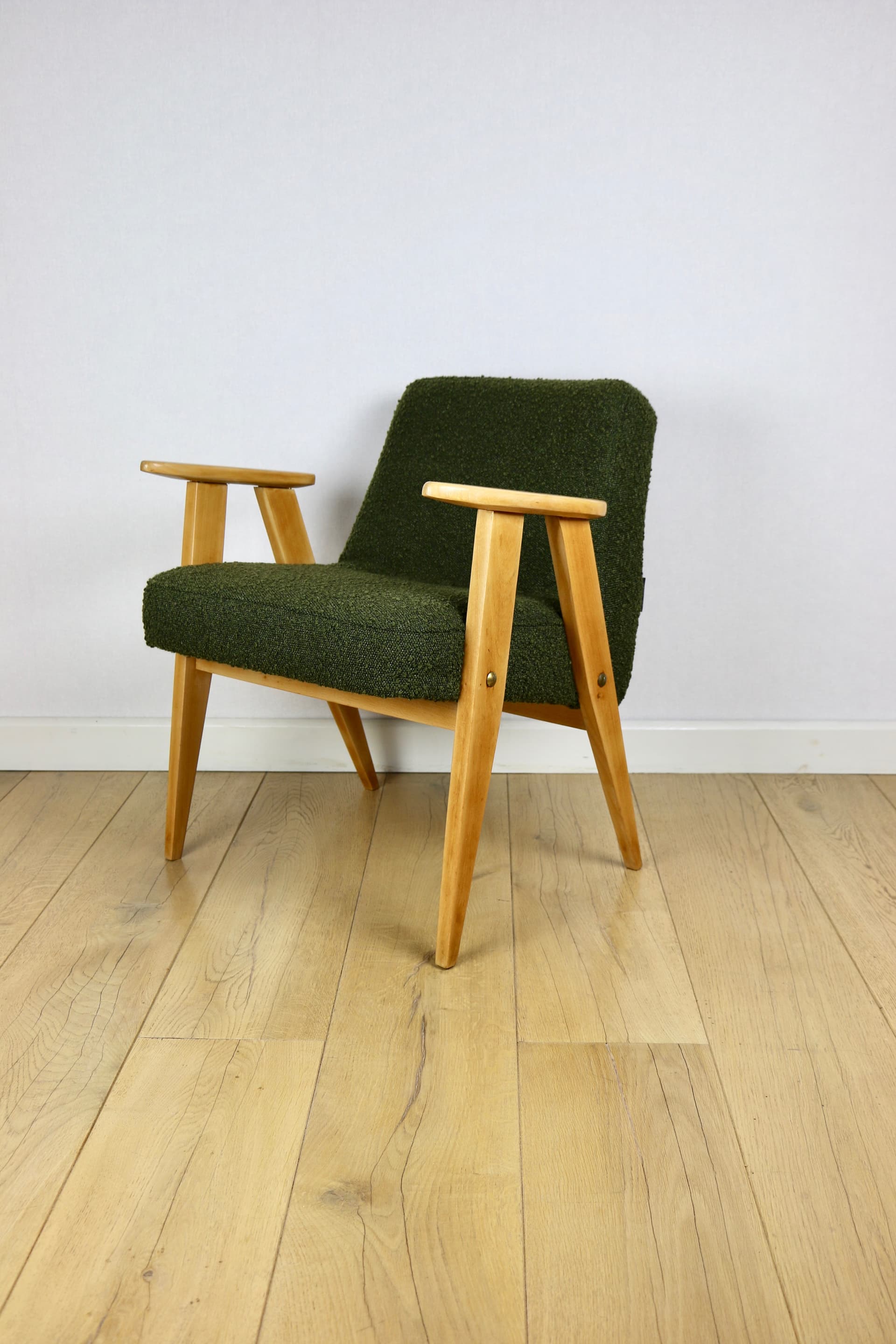 Armchair 366, green bouclé, light beech, by J. Chierowski, Poland, 1970s. - 190809