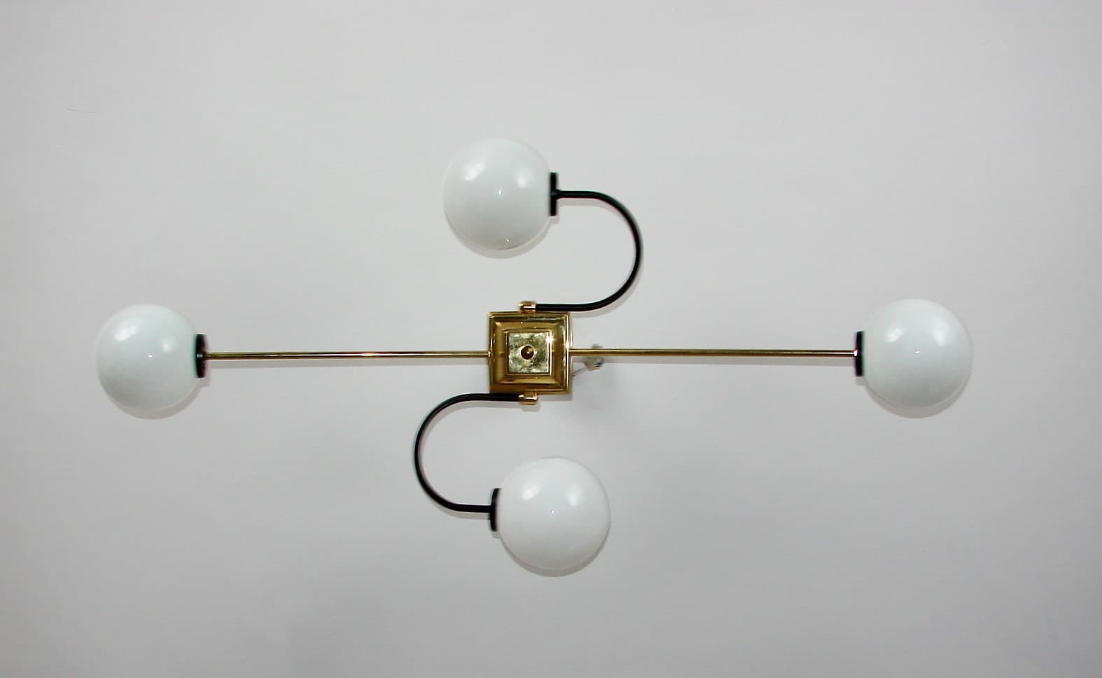 Chandelier, Stilnovo, white glass, brass, Italy, 1960s. - 190821