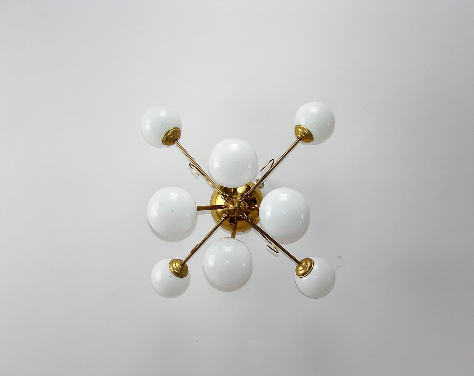Chandelier Sputnik, space age, golden brass, white glass, 1960s - 190853