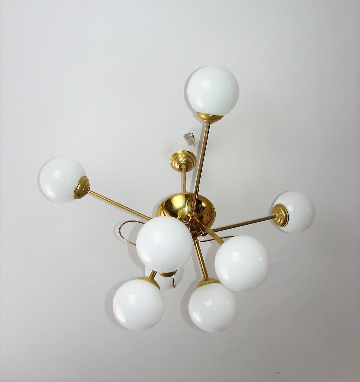 Chandelier Sputnik, space age, golden brass, white glass, 1960s - 190846