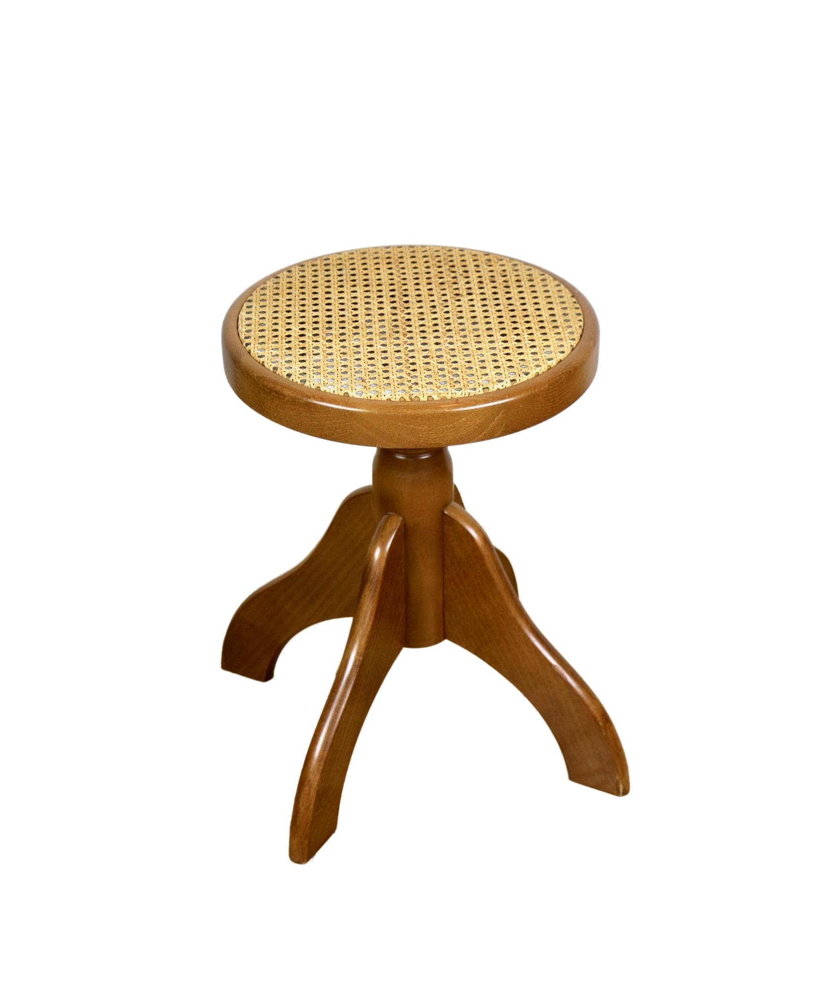 Piano stool, beige rattan, oak wood, Poland, 1970s.