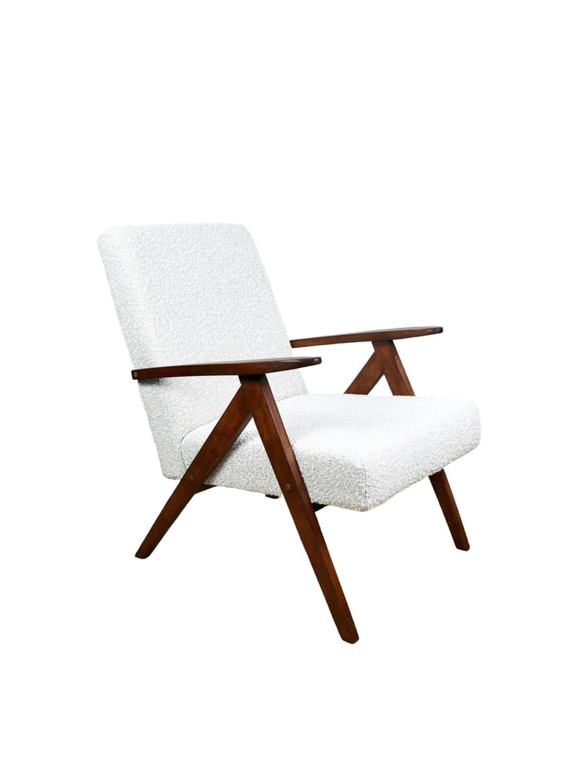 Fotel B-310 VAR, bouclé ivory, dąb brązowy, Polska, lata 70.