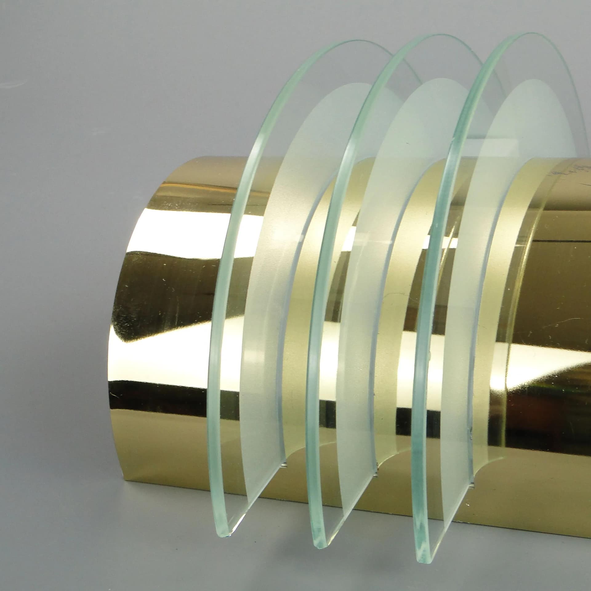 Pair of modernist wall sconces, golden brass, clear glass, Germany, 1970s - 13240