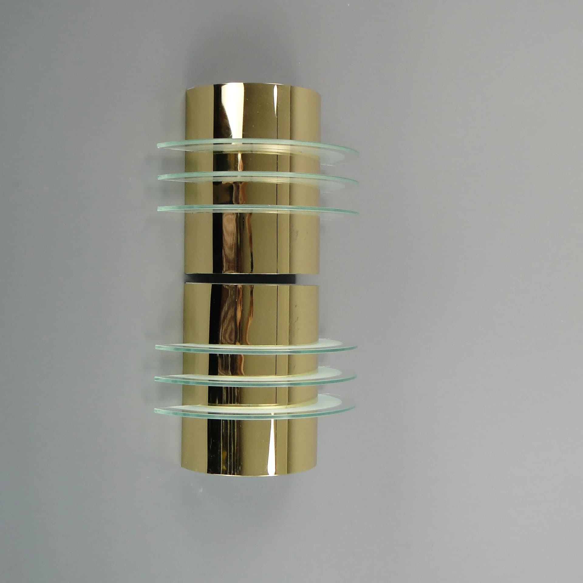 Pair of modernist wall sconces, golden brass, clear glass, Germany, 1970s - 13236