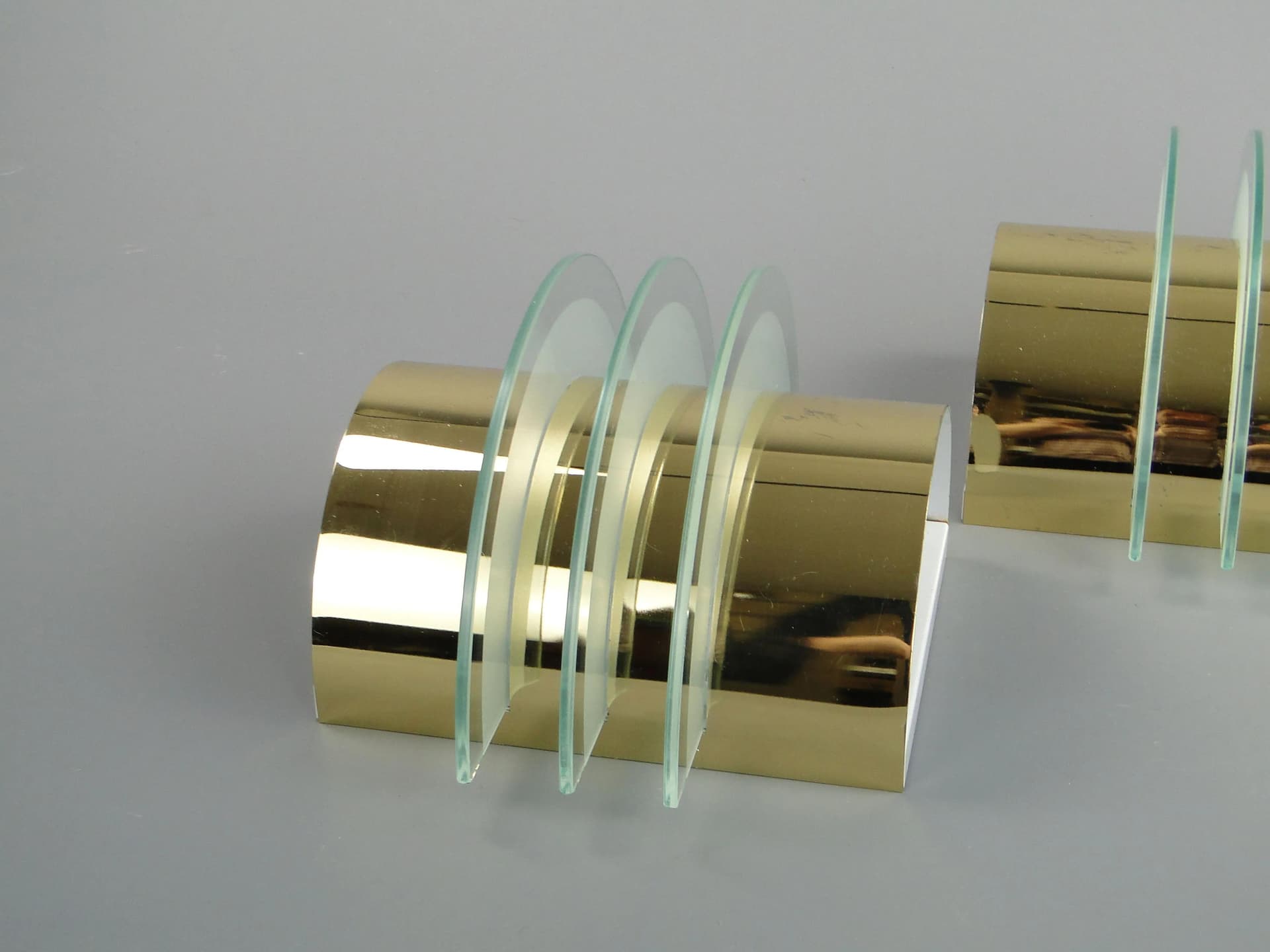 Pair of modernist wall sconces, golden brass, clear glass, Germany, 1970s - 13239