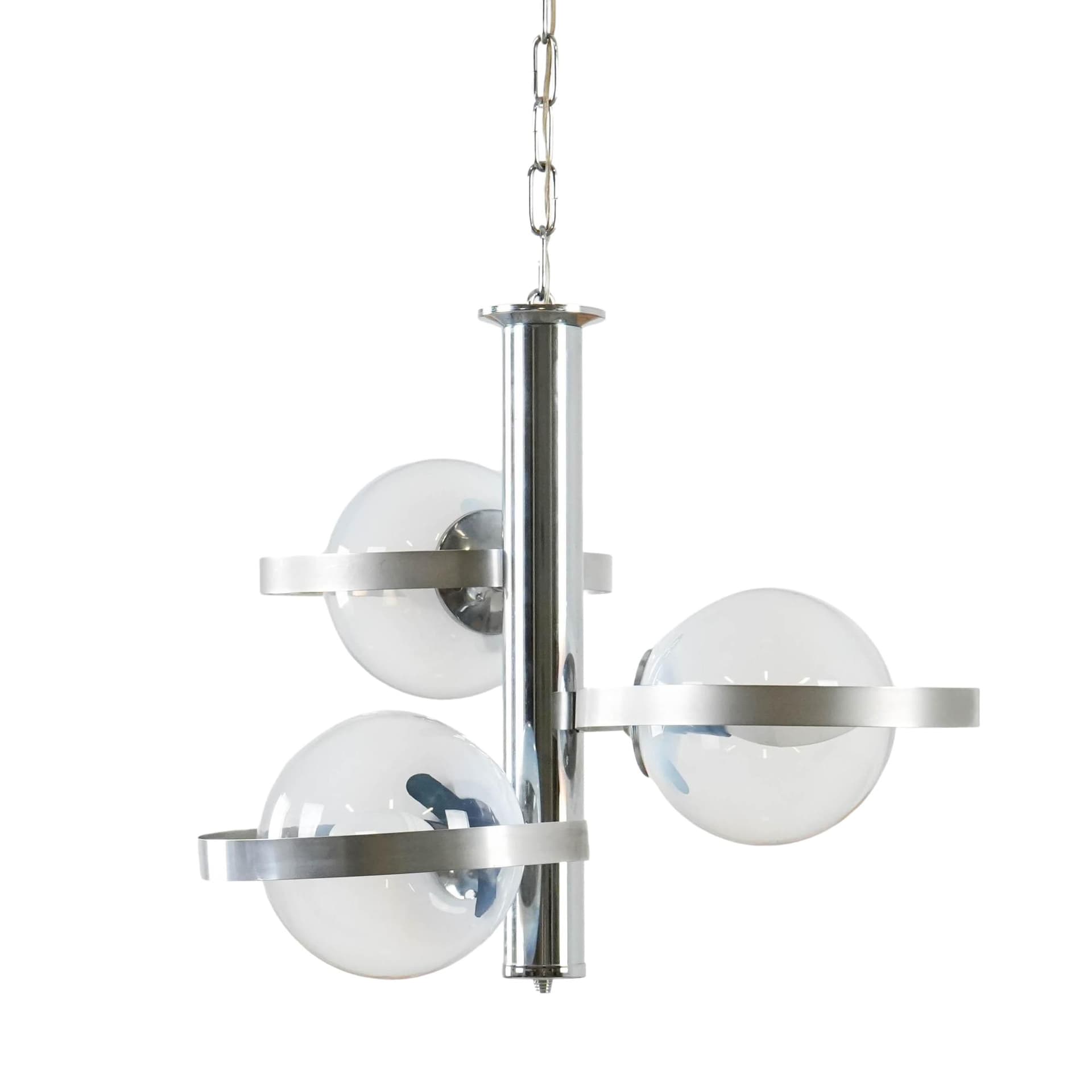 Lampa wisząca Space Age, szkło przezroczyste, stal chromowana srebrna, Włochy, lata 70.