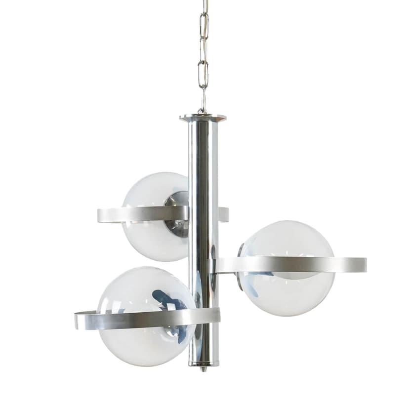 Lampa wisząca Space Age, szkło przezroczyste, stal chromowana srebrna, Włochy, lata 70.