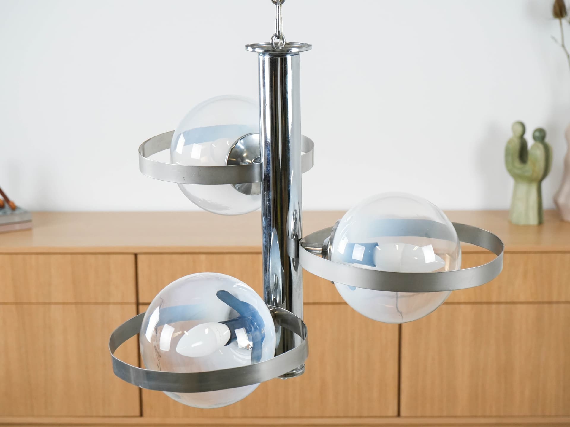 Lampa wisząca Space Age, szkło przezroczyste, stal chromowana srebrna, Włochy, lata 70. - 191213