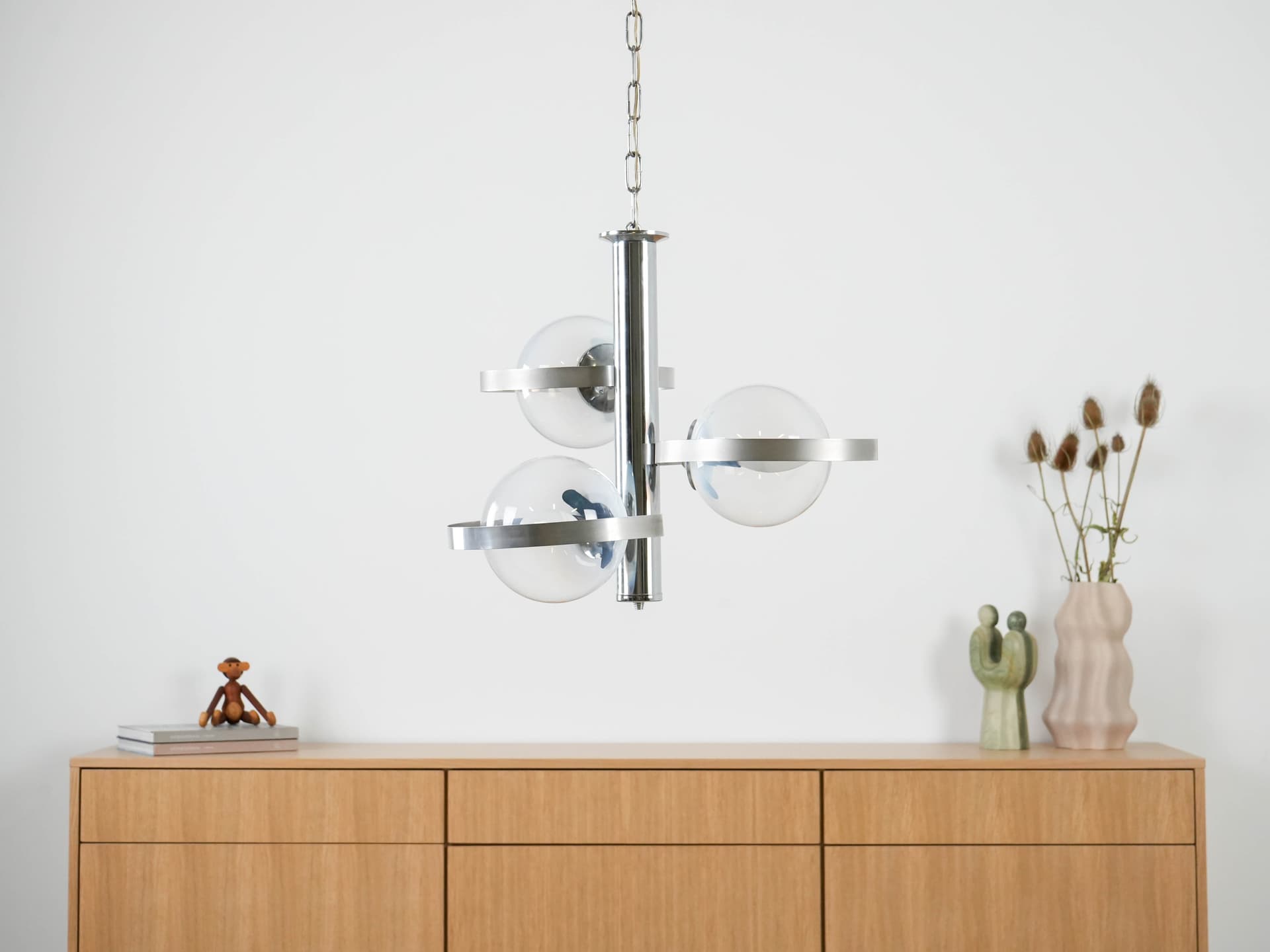 Lampa wisząca Space Age, szkło przezroczyste, stal chromowana srebrna, Włochy, lata 70. - 191210