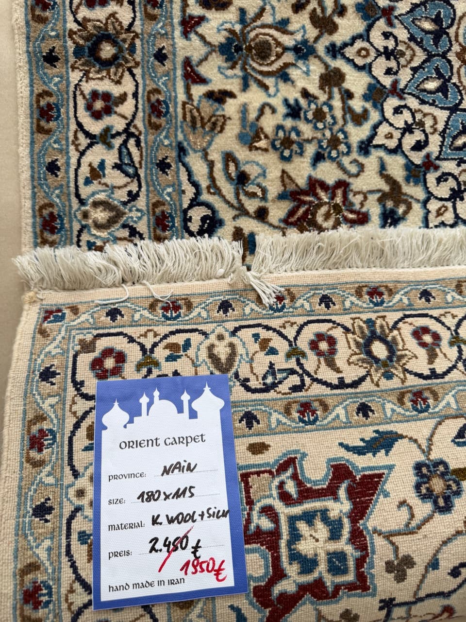 Persian rug Nain 180x115 cm, ivory, wool silk, Iran - 191752