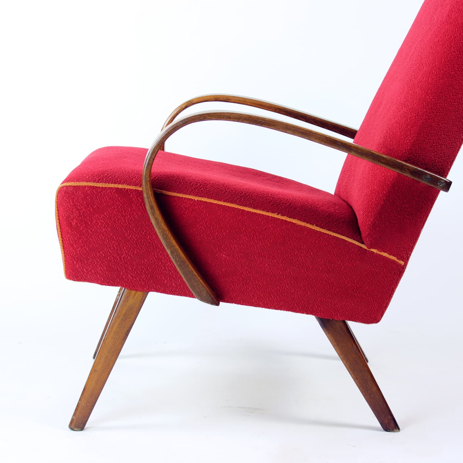 Armchair, red fabric, wood, by F. Jirak, TON, Czechoslovakia, 1960s. - 191785