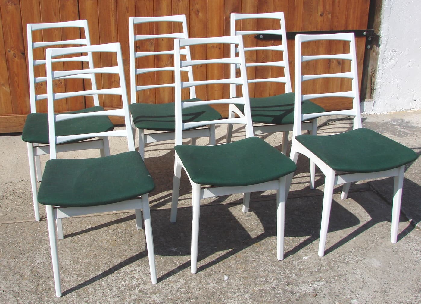 Set of six chairs, white wood, green fabric, 1970s - 192201