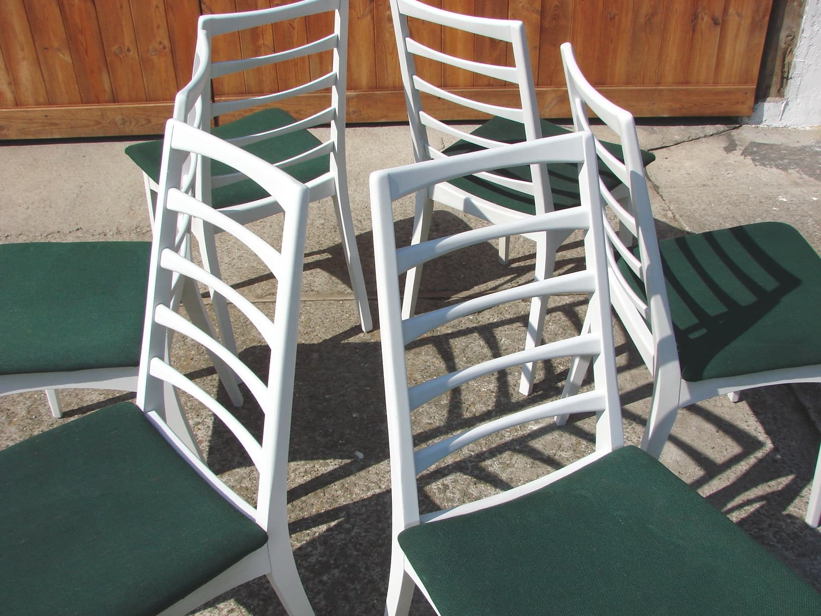 Set of six chairs, white wood, green fabric, 1970s - 192204