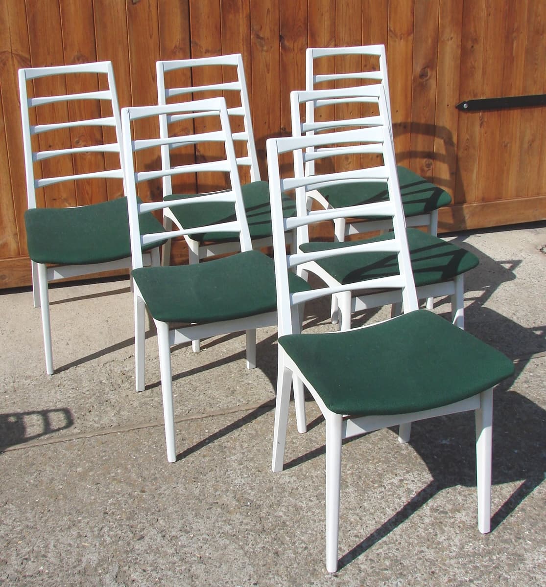 Set of six chairs, white wood, green fabric, 1970s - 192206