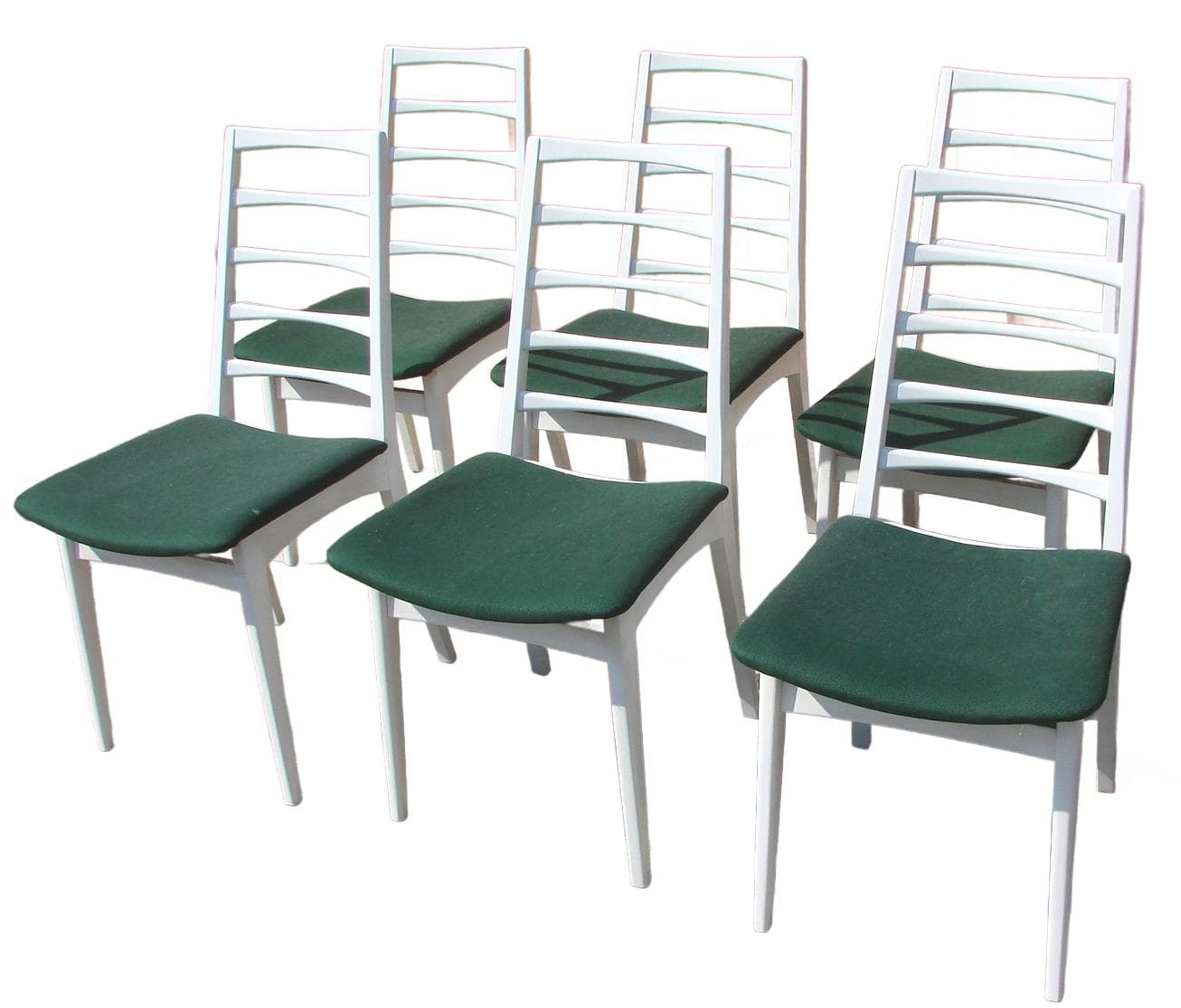 Set of six chairs, white wood, green fabric, 1970s