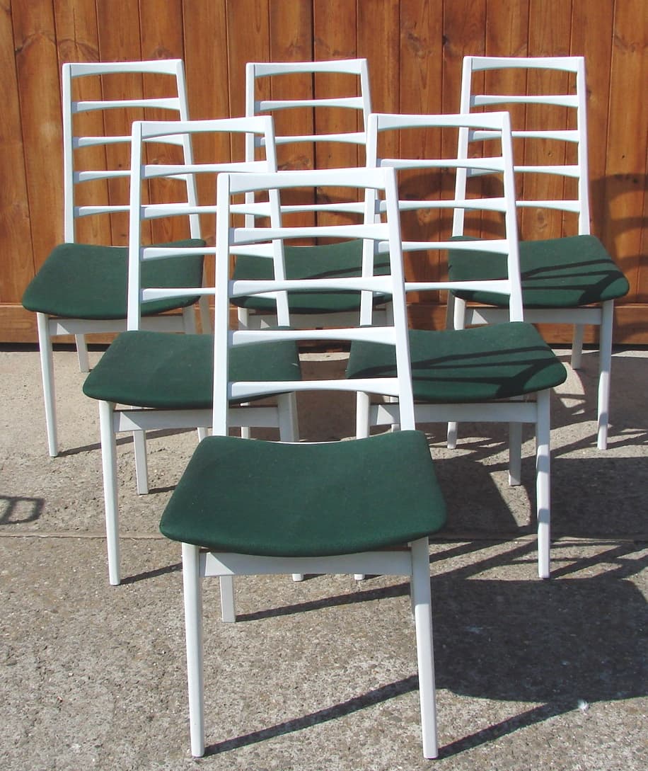 Set of six chairs, white wood, green fabric, 1970s - 192205