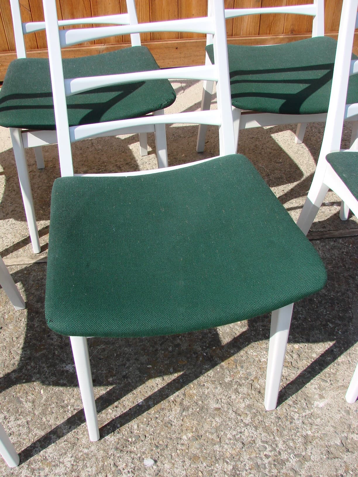 Set of six chairs, white wood, green fabric, 1970s - 192202