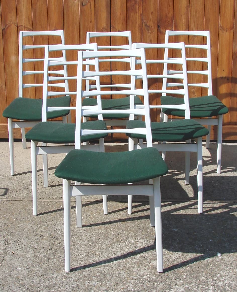 Set of six chairs, white wood, green fabric, 1970s - 192210