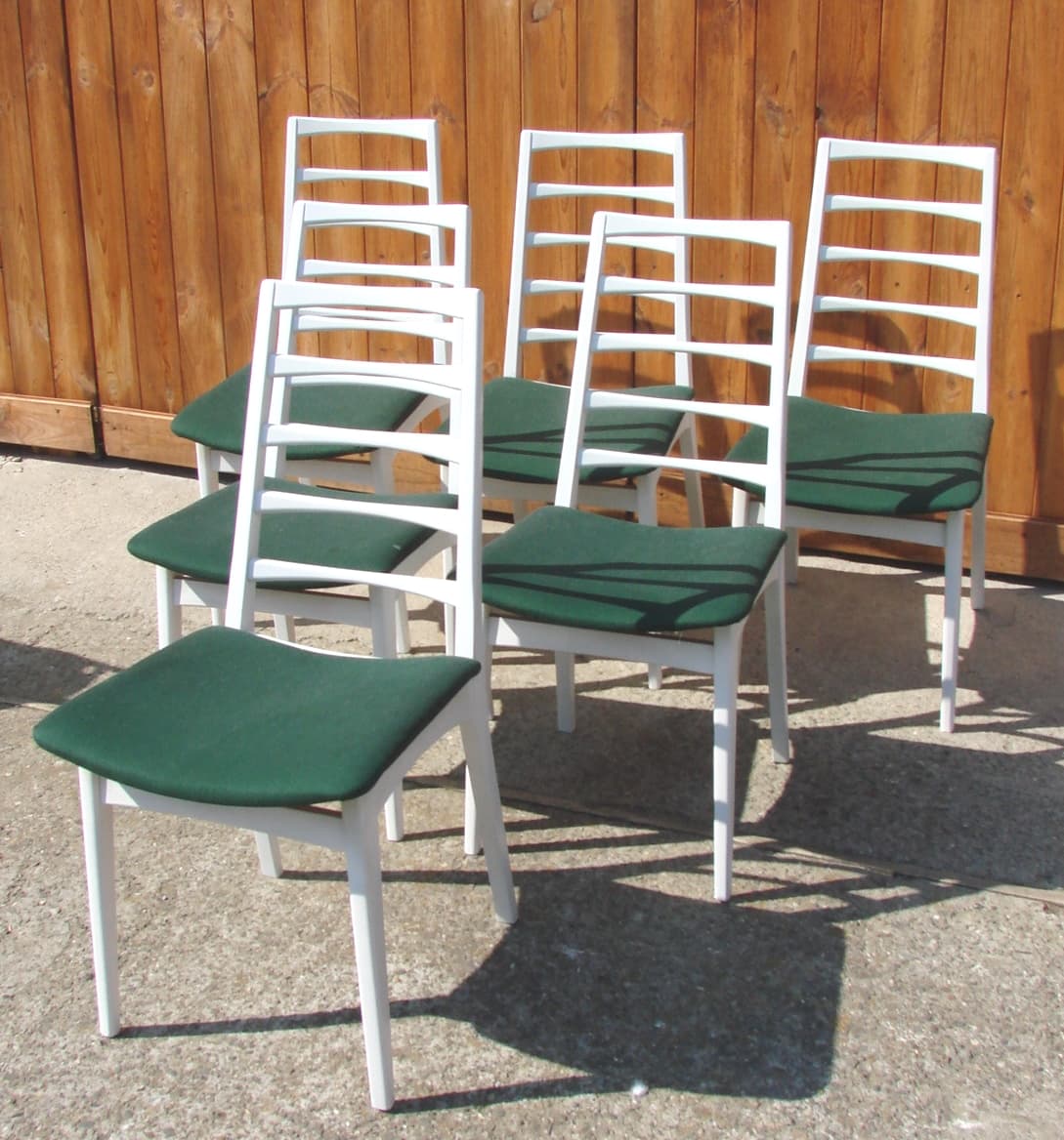 Set of six chairs, white wood, green fabric, 1970s - 192208